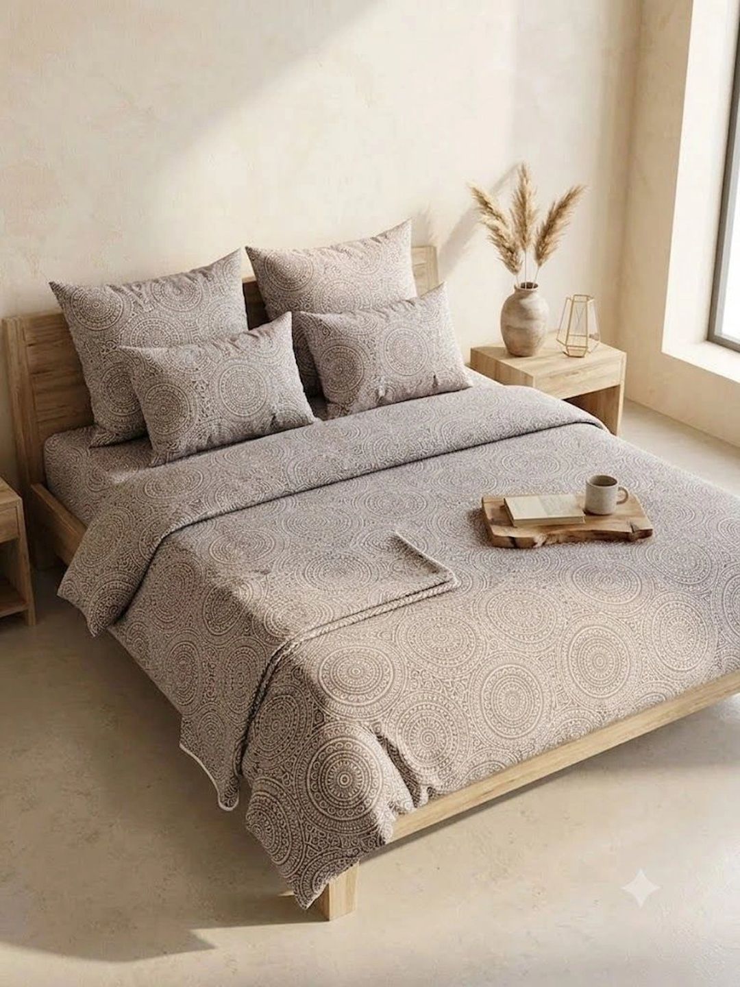 Soul N Saaz I Camel Brown Ethnic Motif 300 TC King Bedsheet with 2 Pillow Covers | Superfine Cotton, Mandala Print