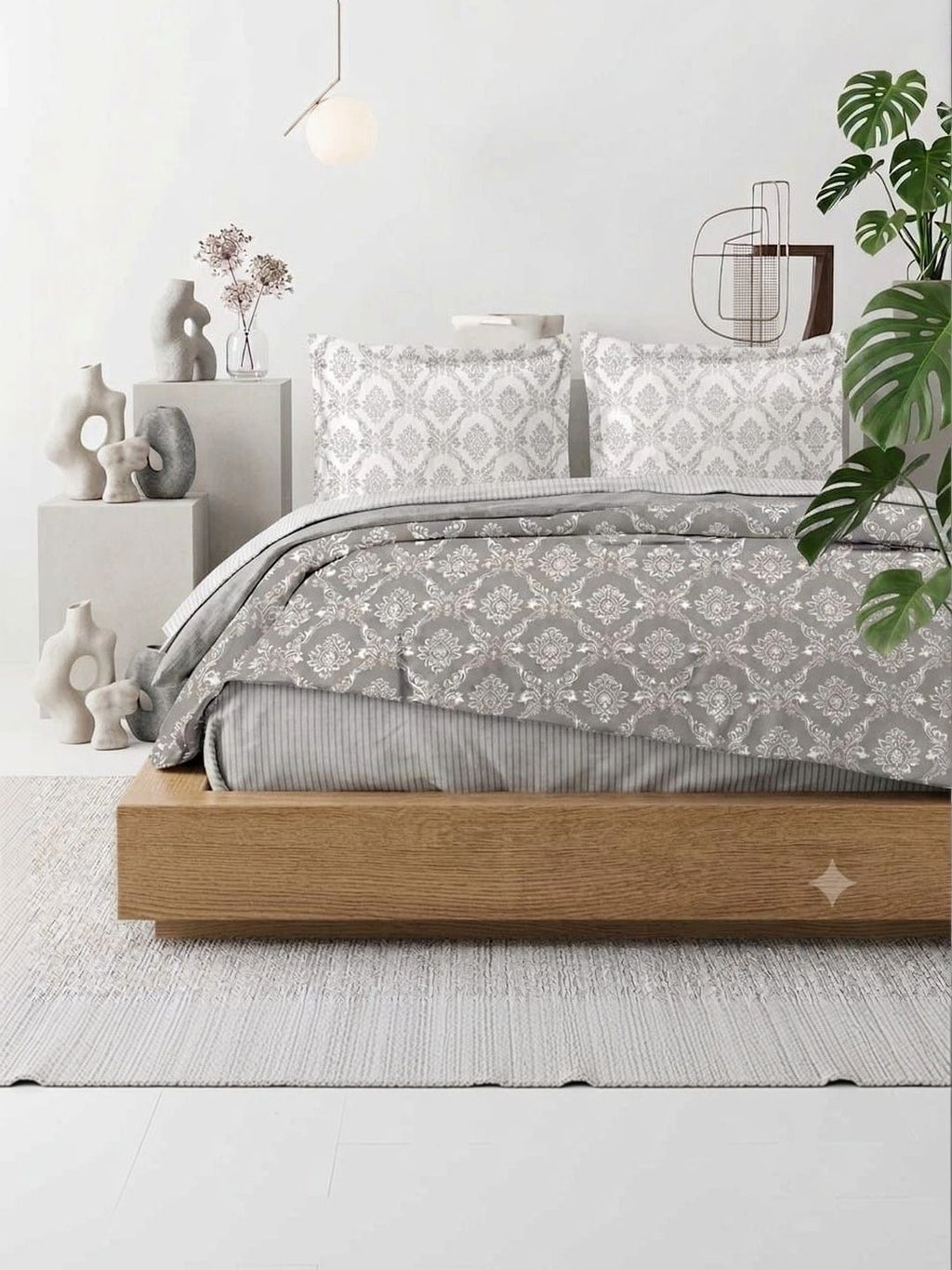 Soul N Saaz I Grey & White Ethnic Motif 300 TC King Bedsheet with 2 Pillow Covers | Superfine Cotton