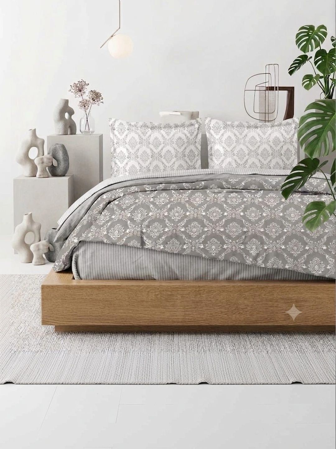 Soul N Saaz I Grey & White Ethnic Motif 300 TC King Bedsheet with 2 Pillow Covers | Superfine Cotton