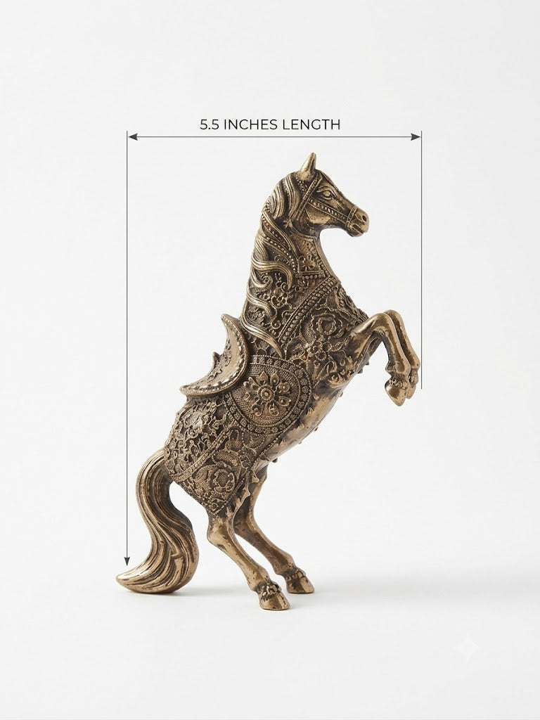 Handcrafted Brass Rearing Horse Statue with Engraved Detailing