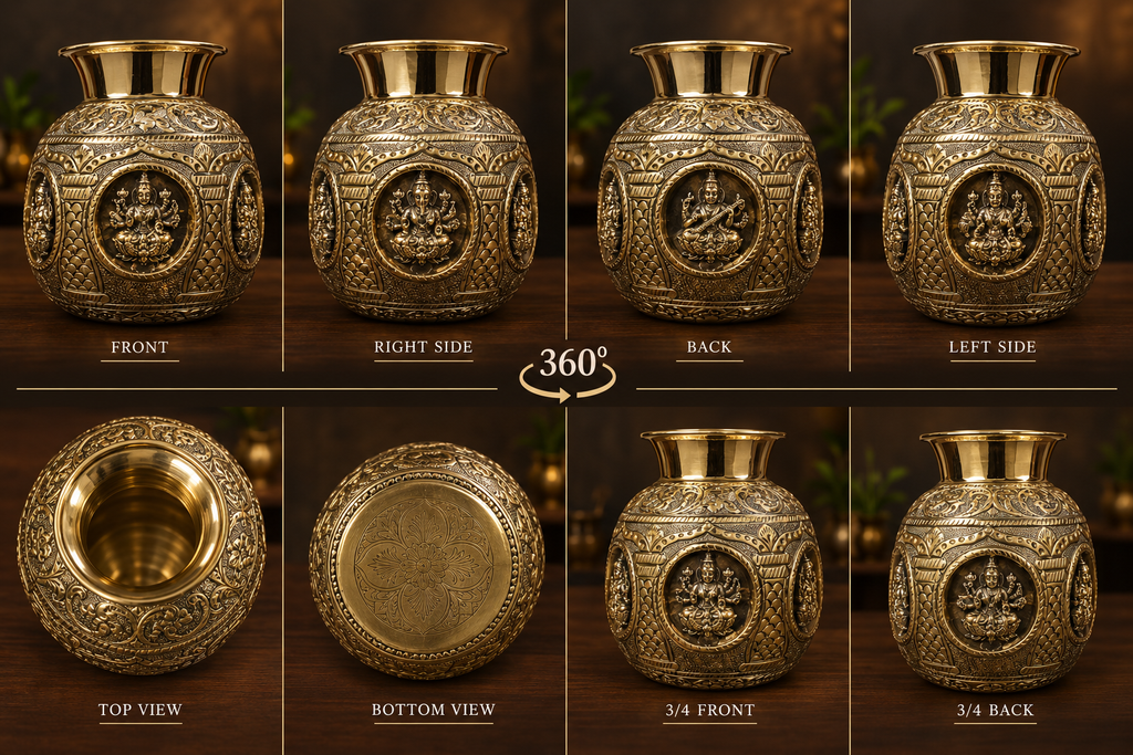Sacred Brass Ashta Lakshmi Kalash – Finely Engraved for Home Temple & Special Occasions
