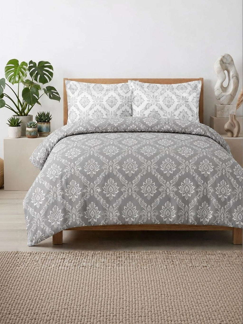 Soul N Saaz I Grey & White Ethnic Motif 300 TC King Bedsheet with 2 Pillow Covers | Superfine Cotton