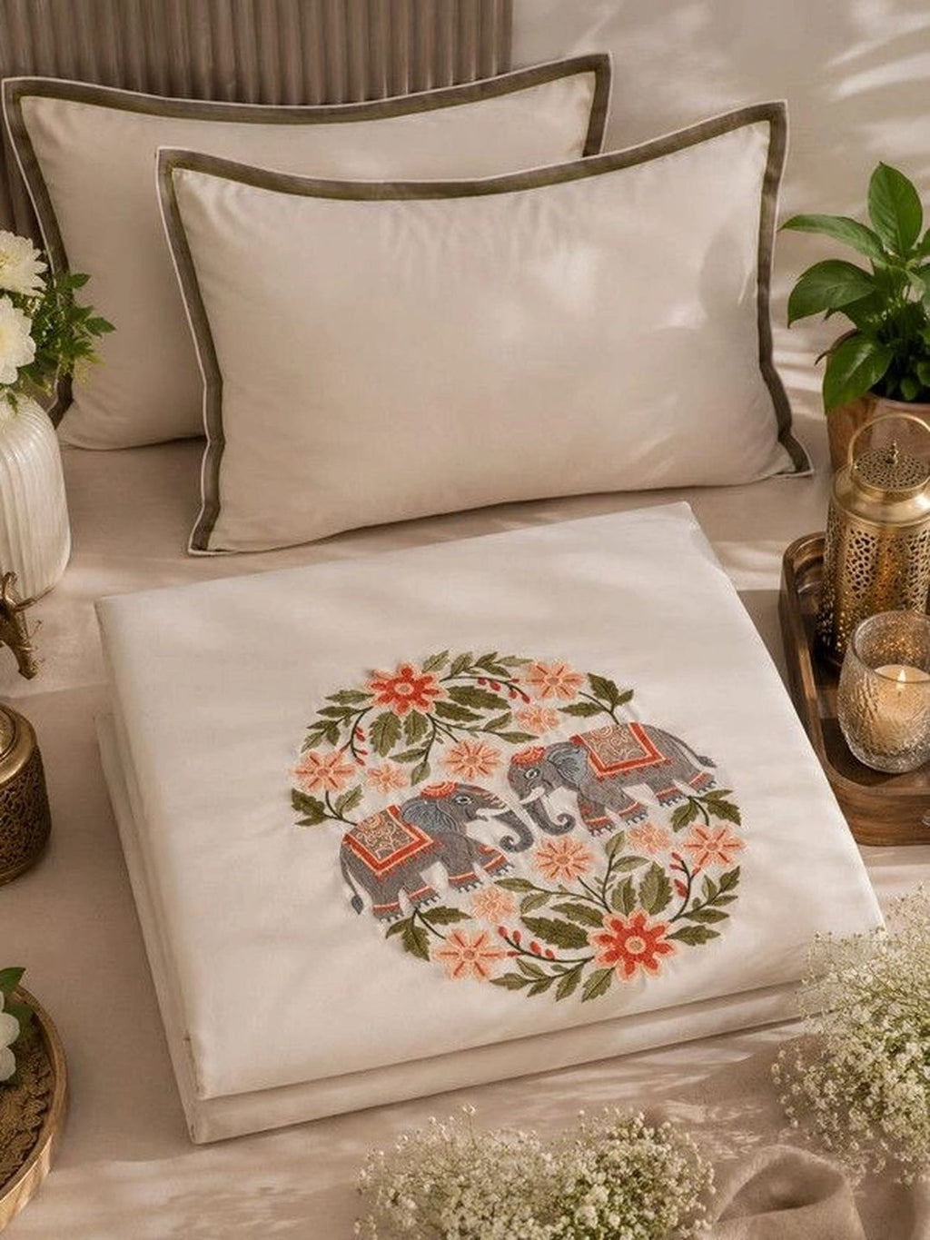 Soul N Saaz I Cream 400 TC King Bedsheet with 2 Embroidered Pillow Covers | Luxury Superfine Cotton, Elephant Motif