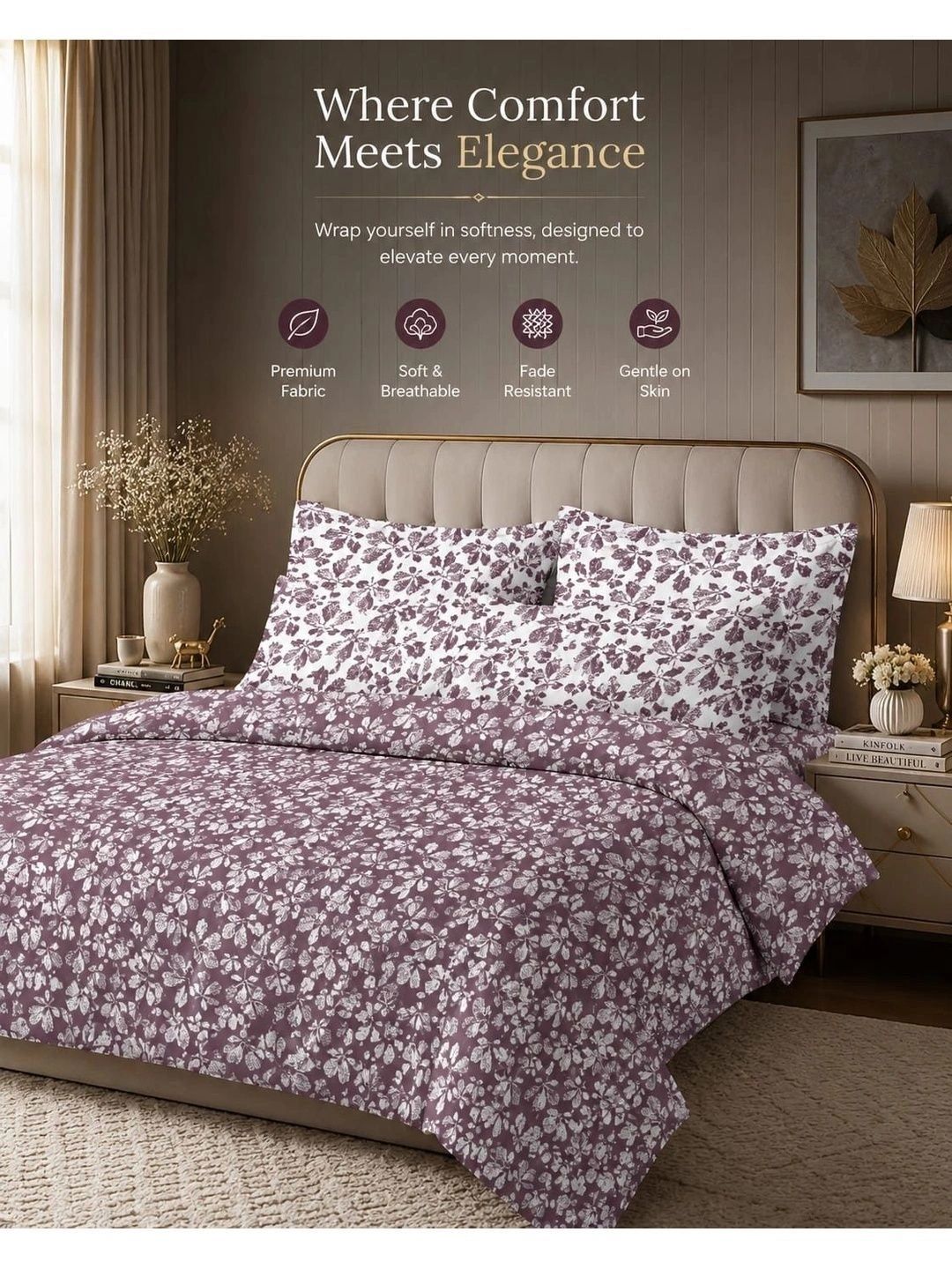 Soul N Saaz I Maroon & White Floral 300 TC King Bedsheet with 2 Pillow Covers | Superfine Cotton, Hand Block Print Style
