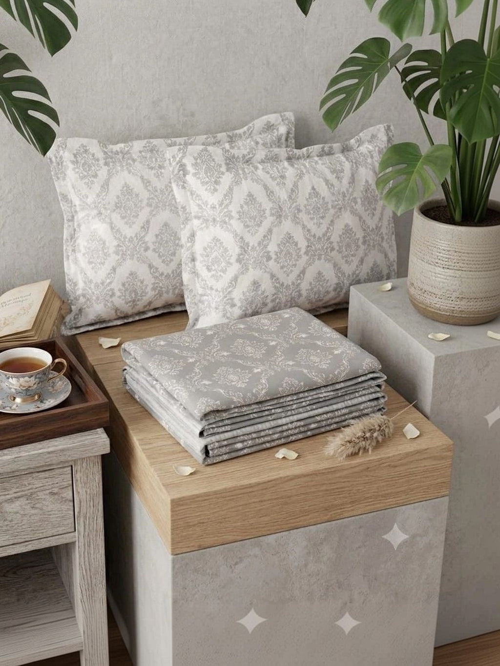 Soul N Saaz I Grey & White Ethnic Motif 300 TC King Bedsheet with 2 Pillow Covers | Superfine Cotton