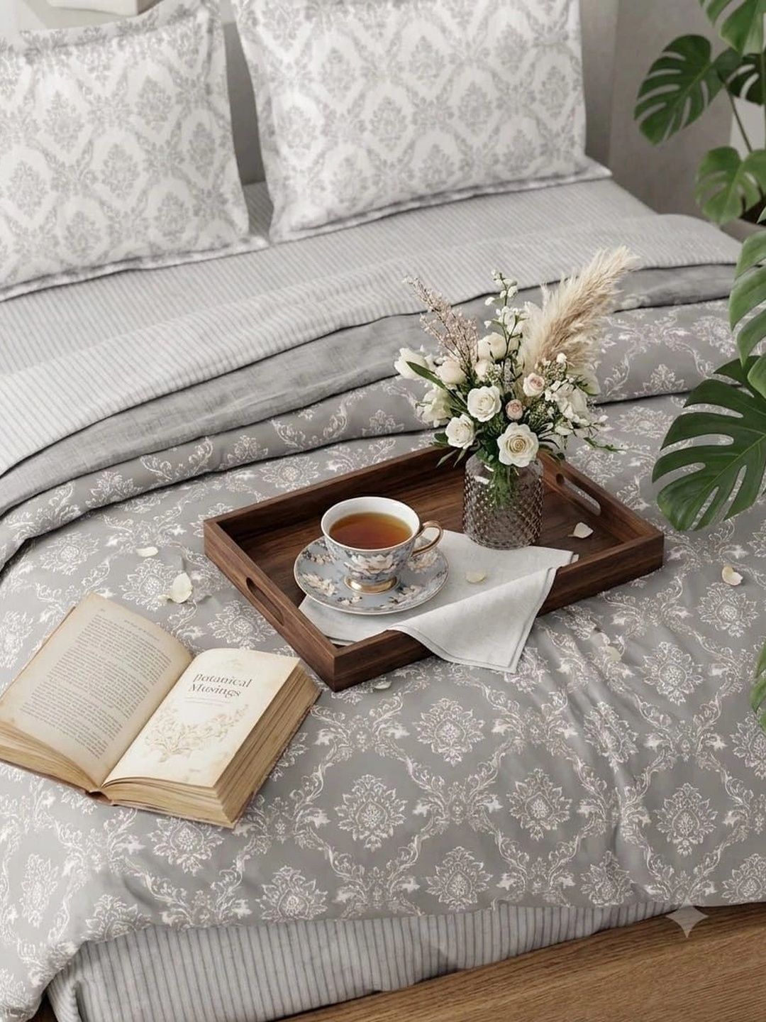 Soul N Saaz I Grey & White Ethnic Motif 300 TC King Bedsheet with 2 Pillow Covers | Superfine Cotton