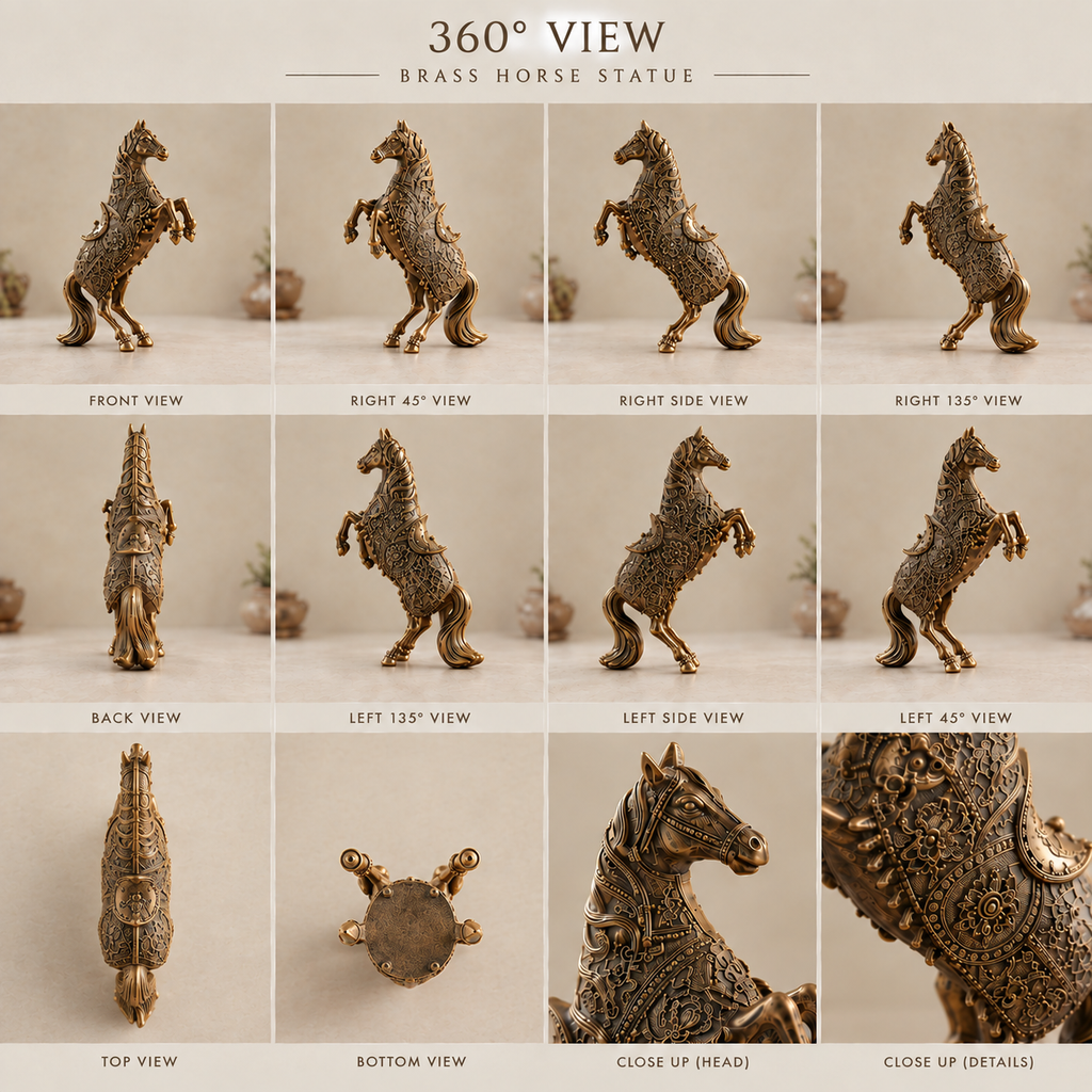 Handcrafted Brass Rearing Horse Statue with Engraved Detailing