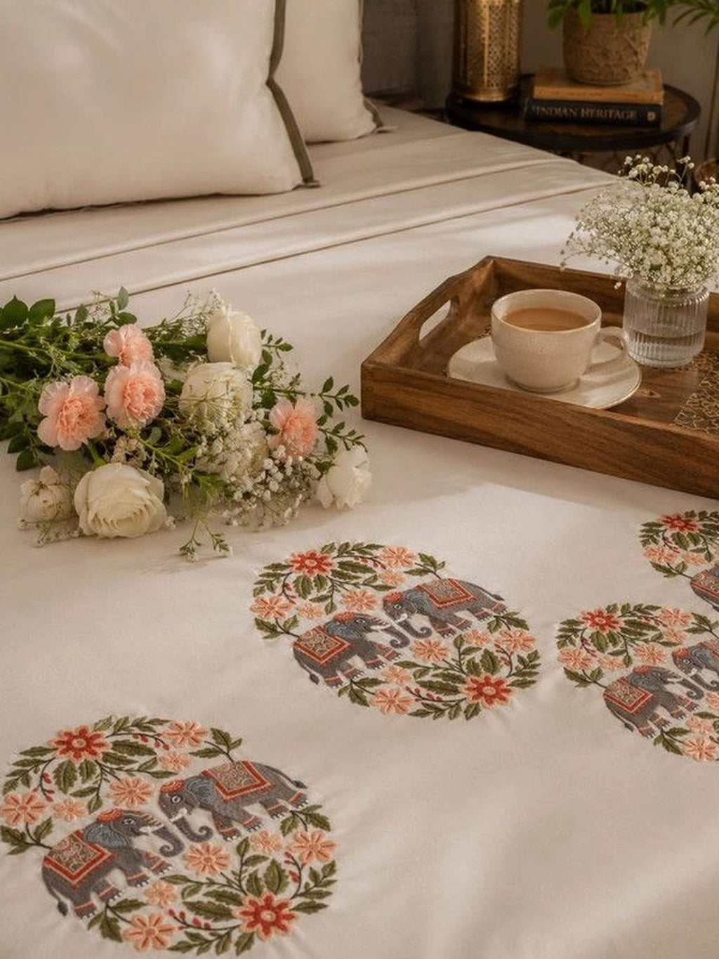 Soul N Saaz I Cream 400 TC King Bedsheet with 2 Embroidered Pillow Covers | Luxury Superfine Cotton, Elephant Motif
