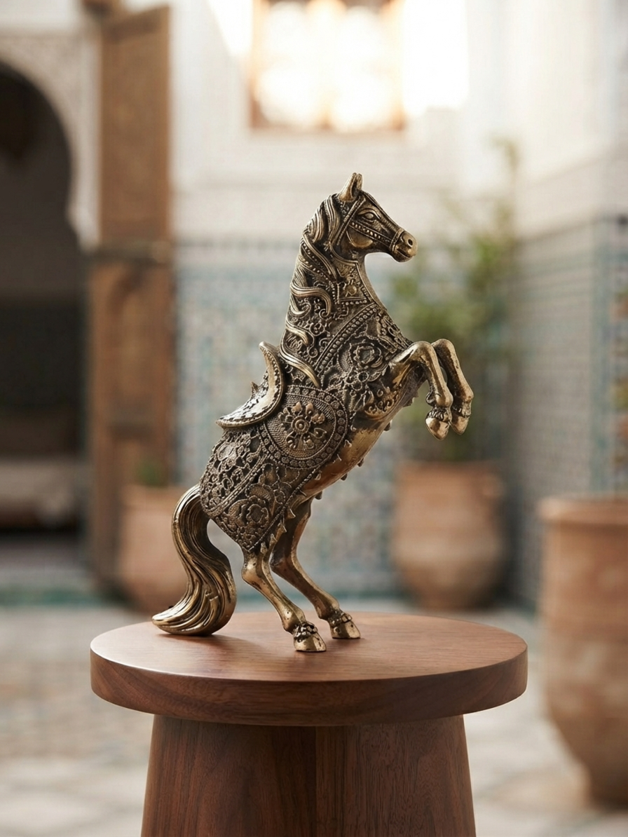 Handcrafted Brass Rearing Horse Statue with Engraved Detailing