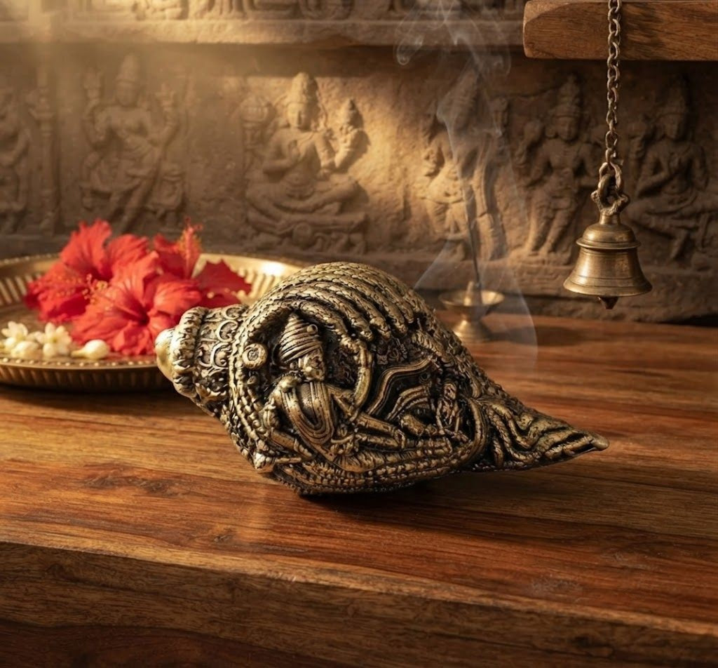 Handcrafted Brass Vishnu Shankh – Engraved Conch Shell for Puja & Home Temple