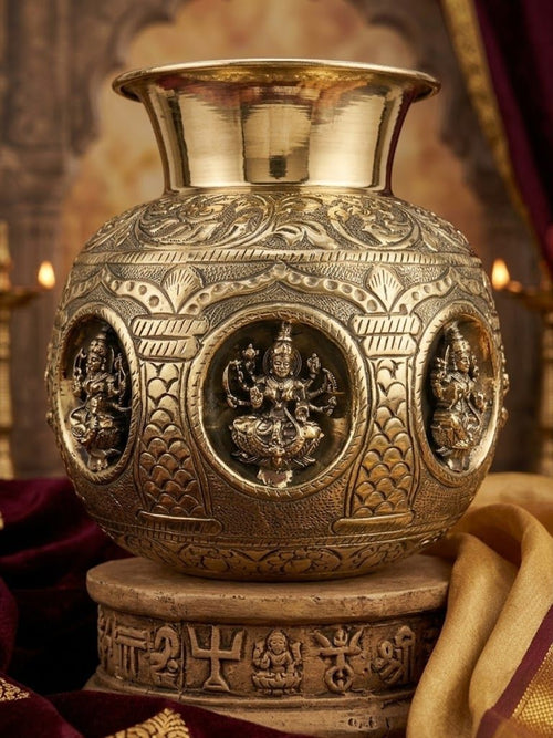 Sacred Brass Ashta Lakshmi Kalash – Finely Engraved for Home Temple & Special Occasions
