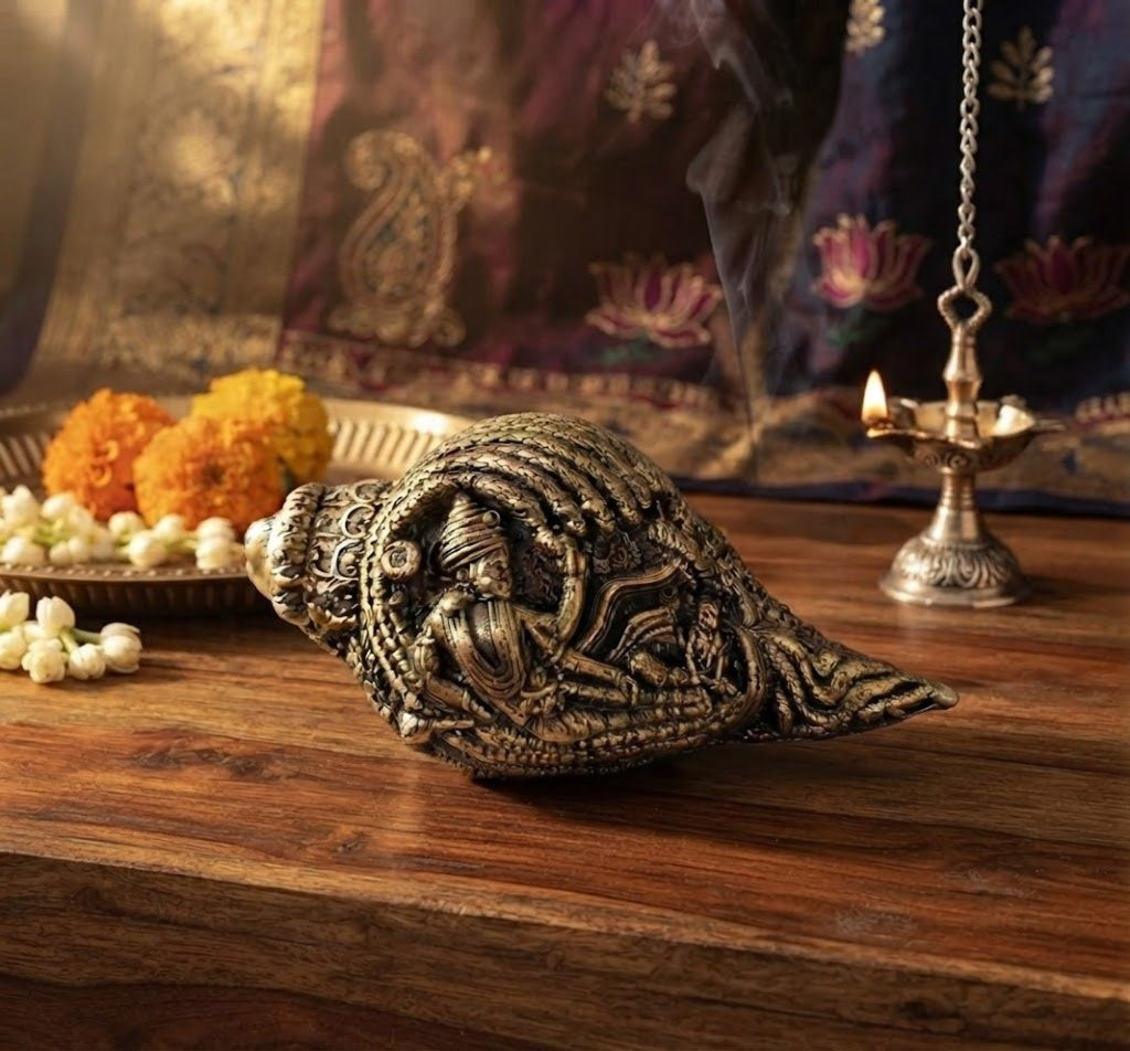 Handcrafted Brass Vishnu Shankh – Engraved Conch Shell for Puja & Home Temple