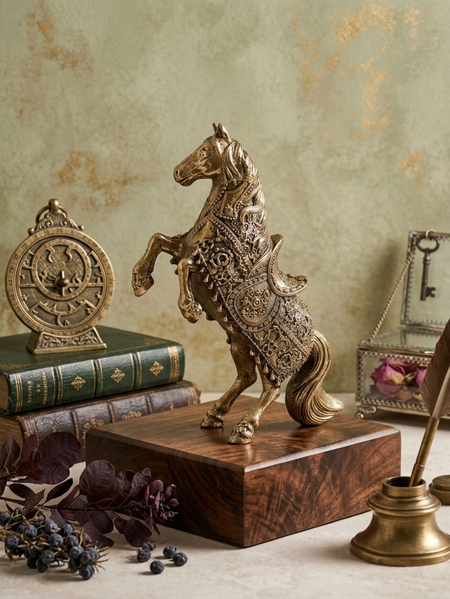 Handcrafted Brass Rearing Horse Statue with Engraved Detailing