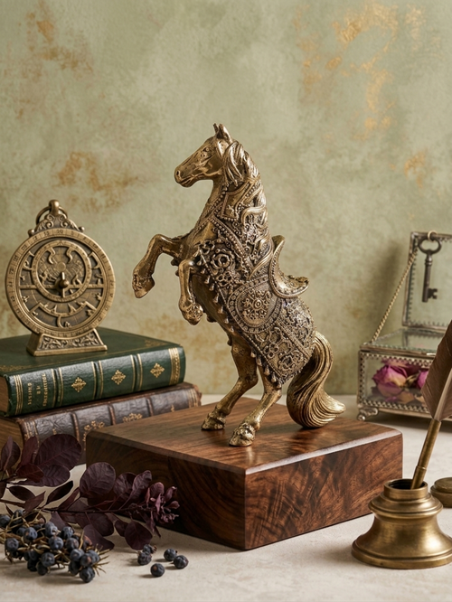 Handcrafted Brass Rearing Horse Statue with Engraved Detailing