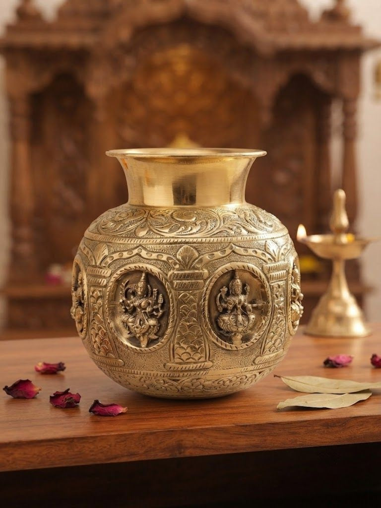 Sacred Brass Ashta Lakshmi Kalash – Finely Engraved for Home Temple & Special Occasions