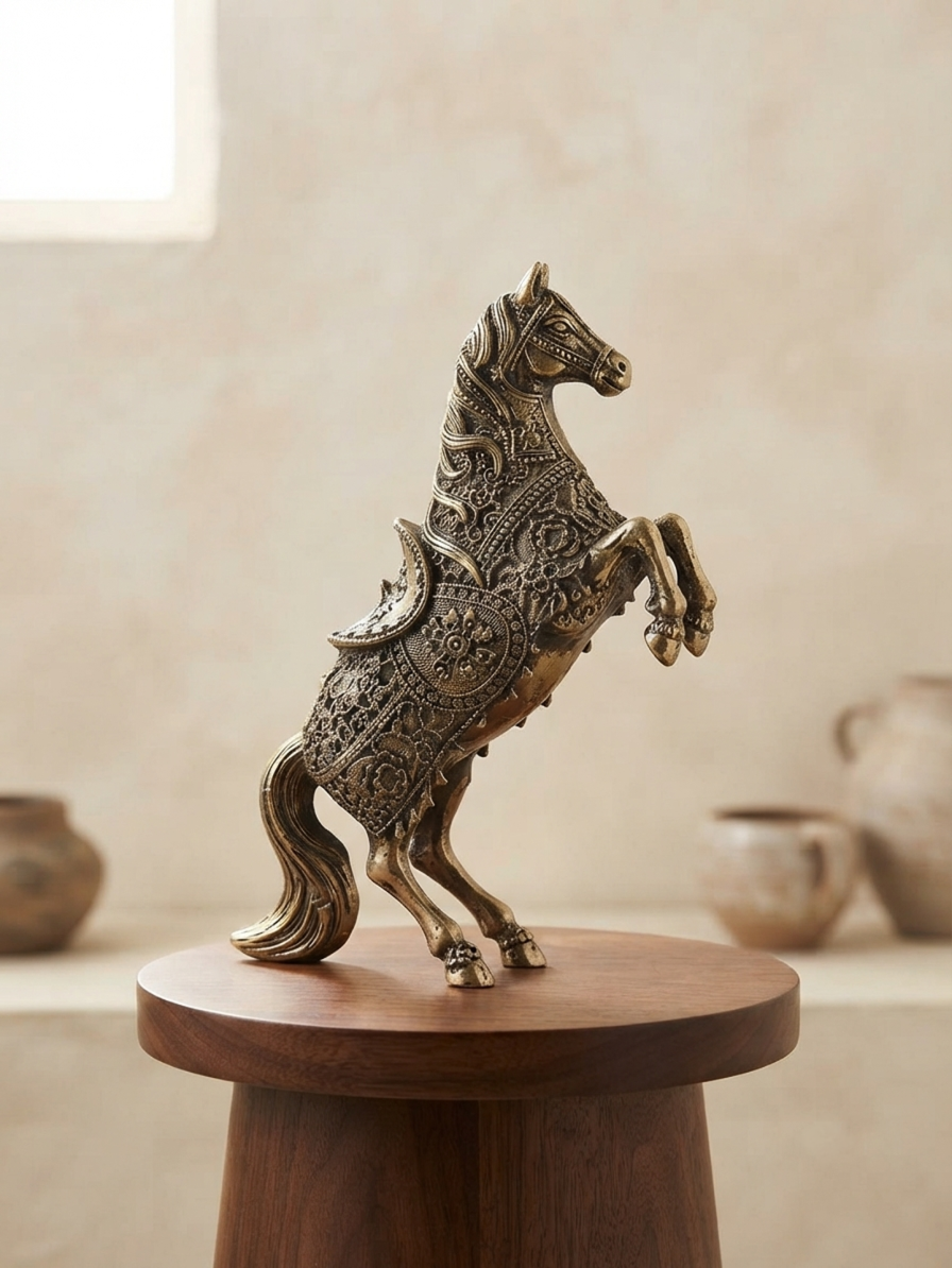Handcrafted Brass Rearing Horse Statue with Engraved Detailing