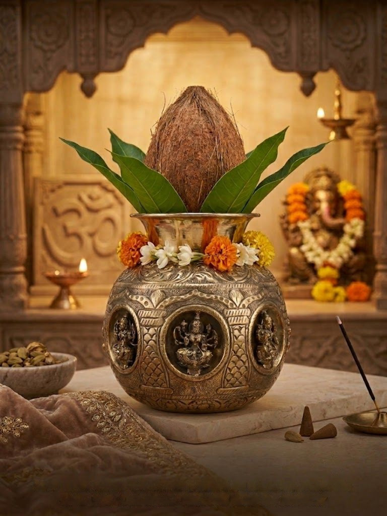Sacred Brass Ashta Lakshmi Kalash – Finely Engraved for Home Temple & Special Occasions