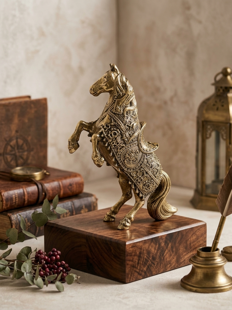 Handcrafted Brass Rearing Horse Statue with Engraved Detailing